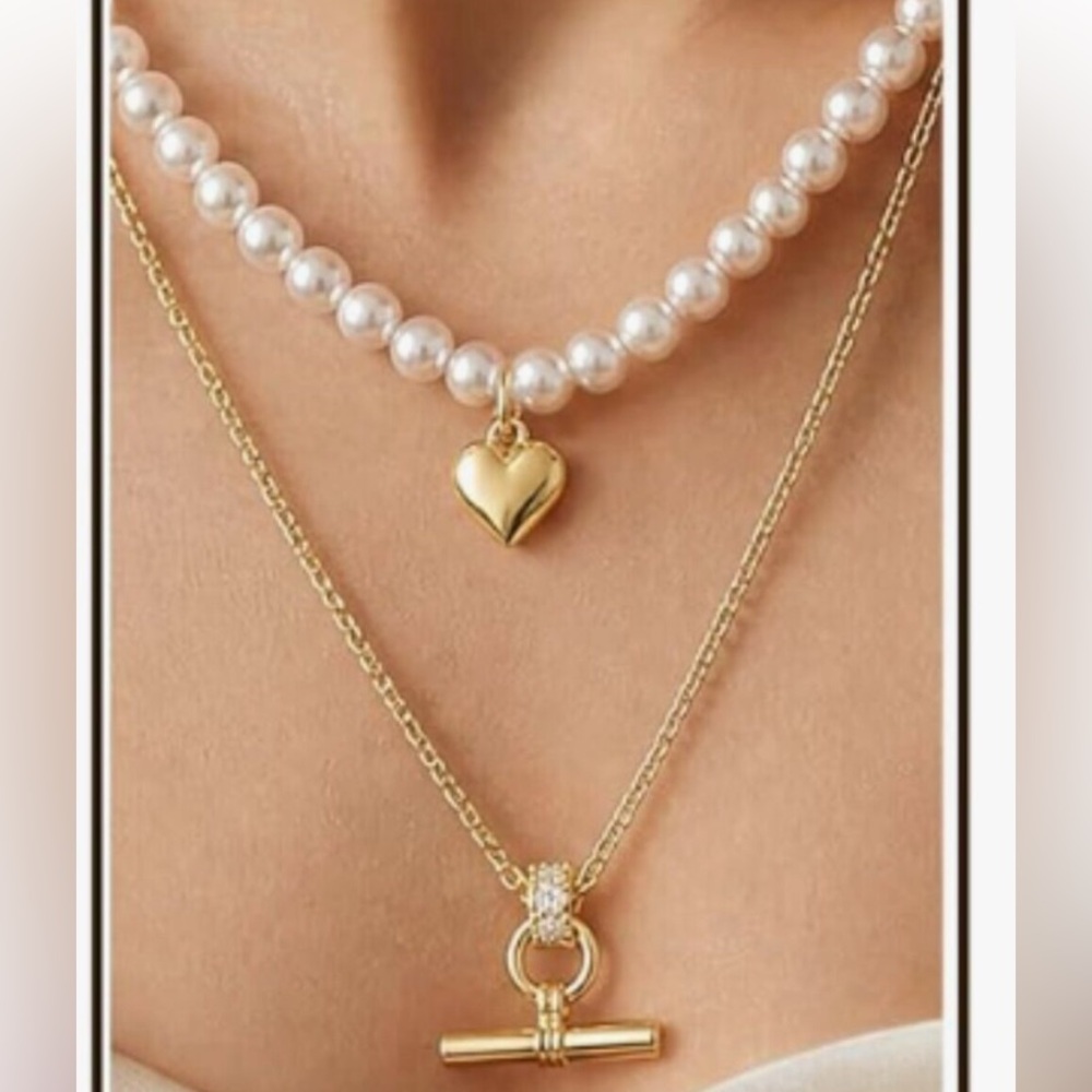 T-Bar Pearl Necklace Stack, Long Layered Necklaces Women,24k Gold Plated